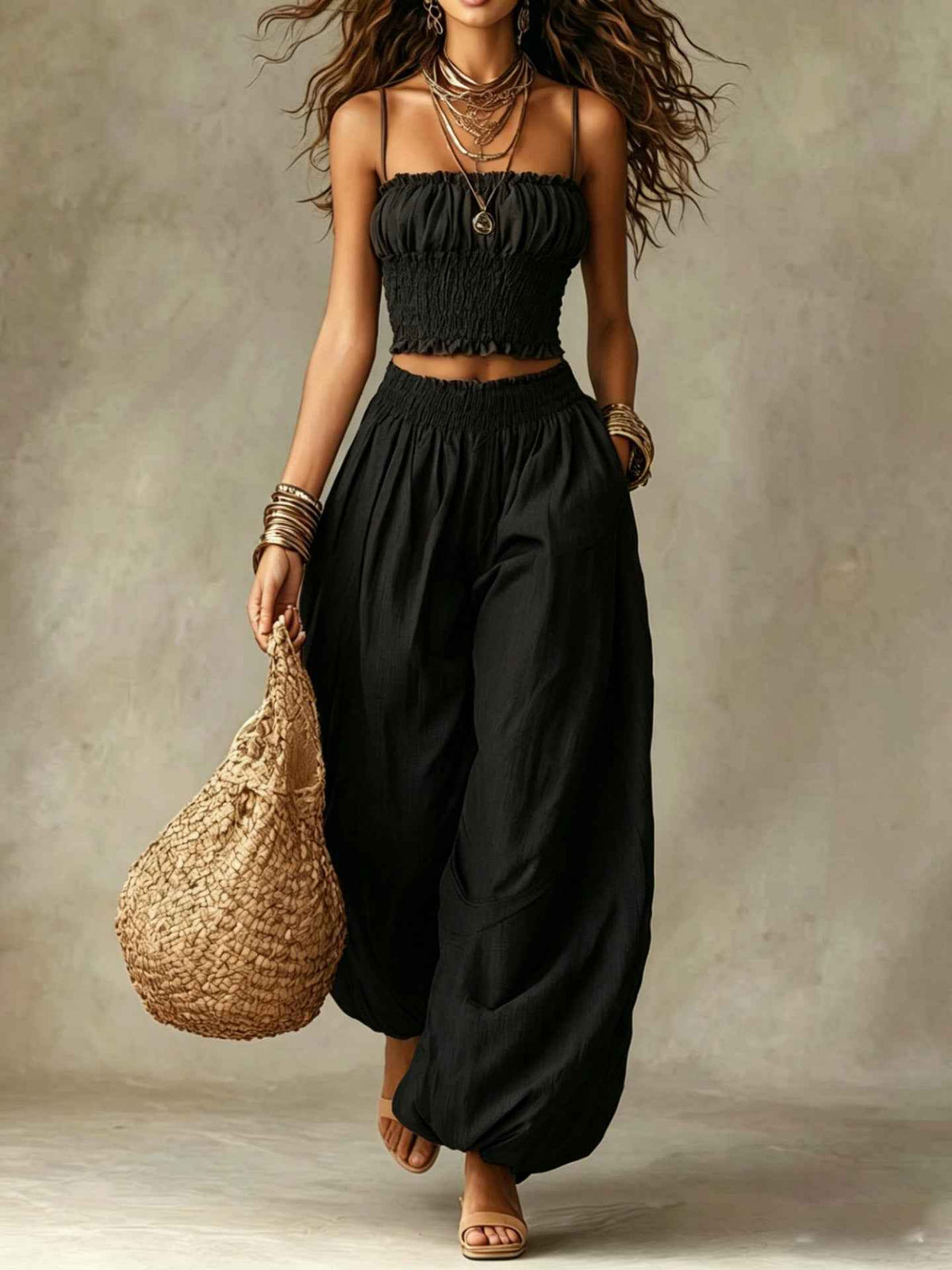 Women's Strapless Two Piece Set – Crop Top and Wide Leg Lantern Pants Outfit