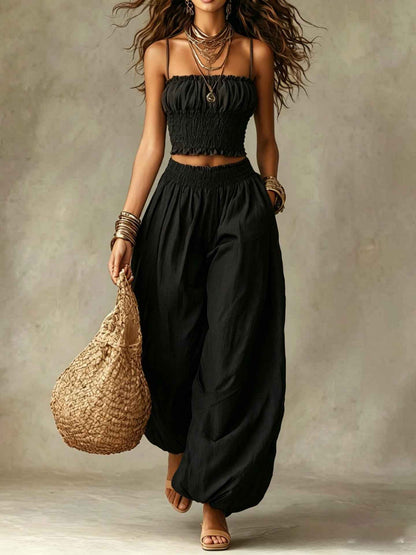 Women's Strapless Two Piece Set – Crop Top and Wide Leg Lantern Pants Outfit