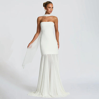 Women's Sleeveless Chiffon Tube Top Dress With Ribbons – Elegant Floor-Length Dress