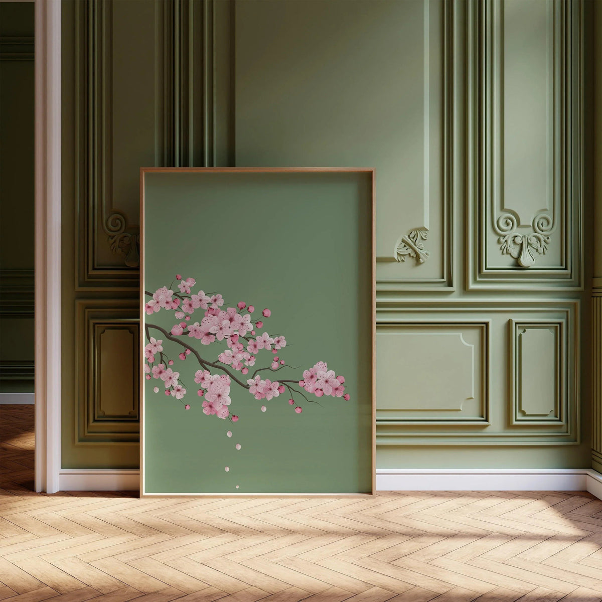 Cherry Blossoms with Emerald Green Background (available handframed ready to hang or unframed)