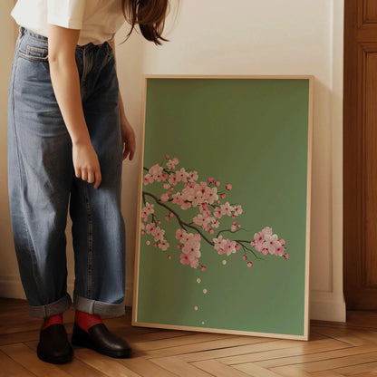Cherry Blossoms with Emerald Green Background (available handframed ready to hang or unframed)