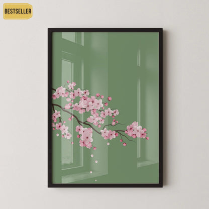 Cherry Blossoms with Emerald Green Background (available handframed ready to hang or unframed)
