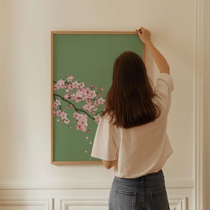 Cherry Blossoms with Emerald Green Background (available handframed ready to hang or unframed)
