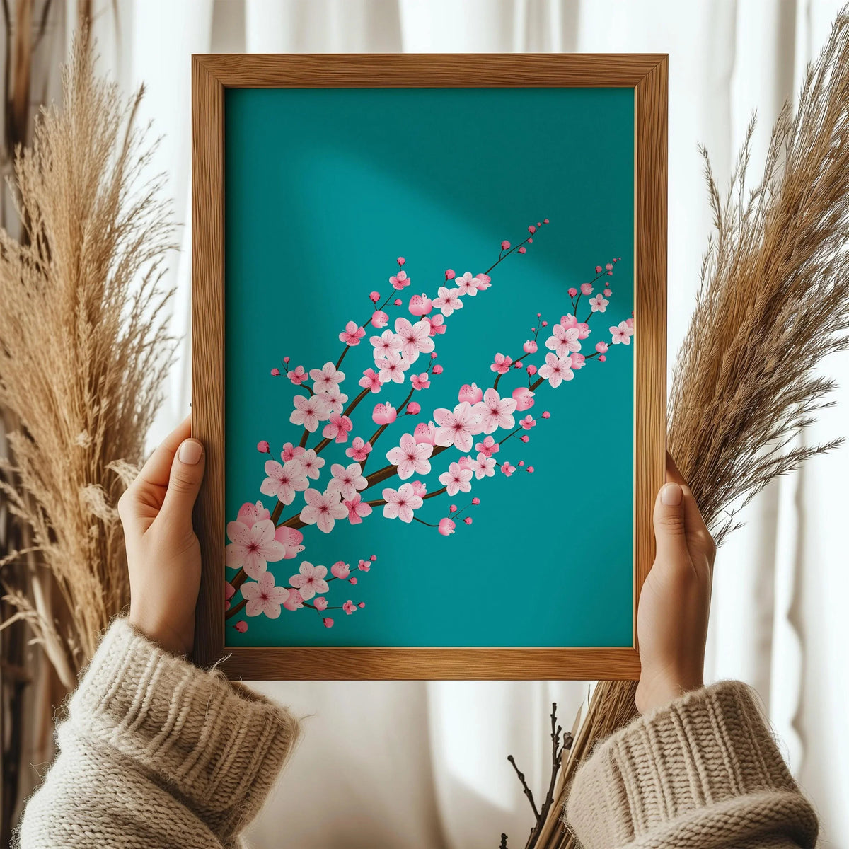 Cherry Blossoms with Teal Aquamarine Background (available handframed ready to hang or unframed)
