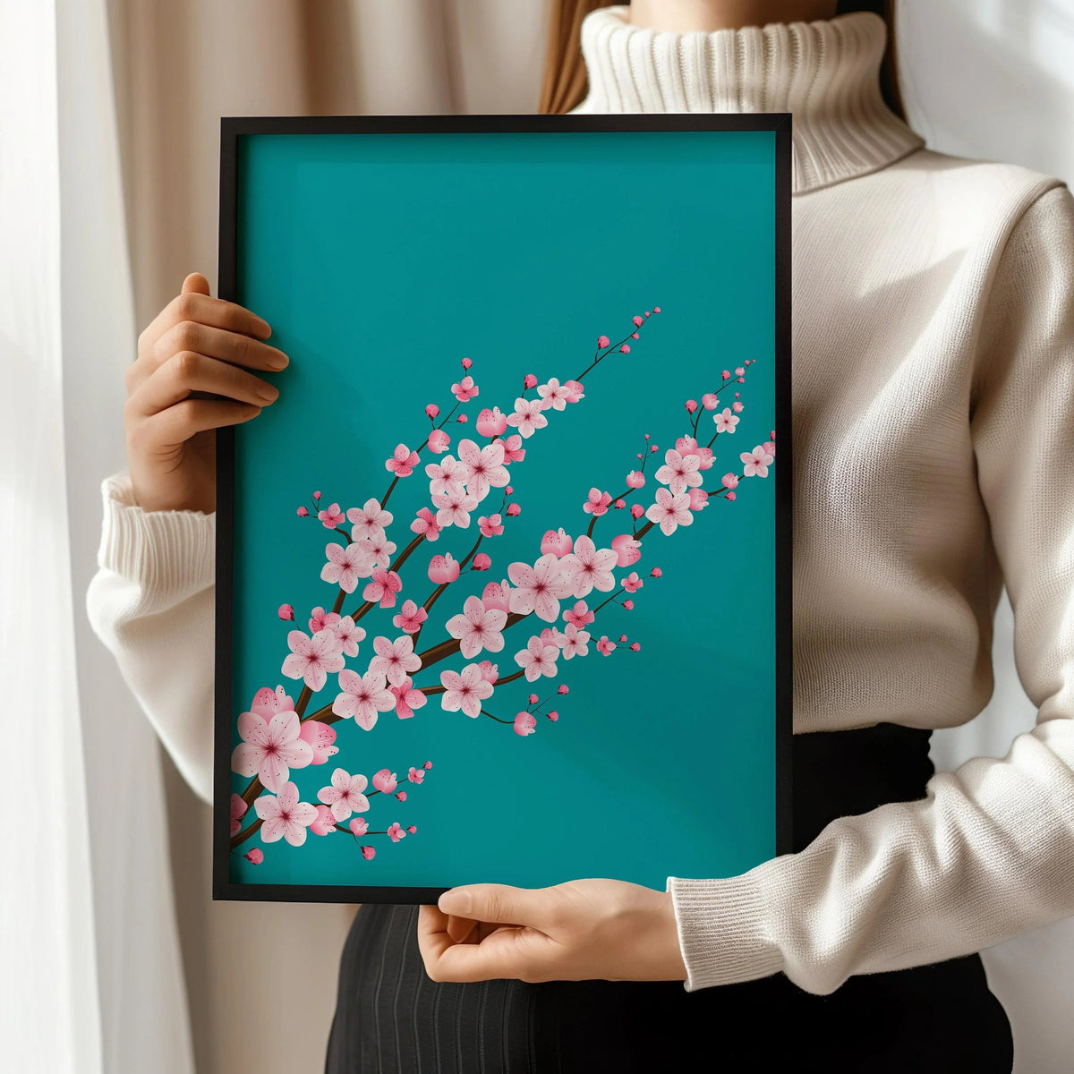 Cherry Blossoms with Teal Aquamarine Background (available handframed ready to hang or unframed)