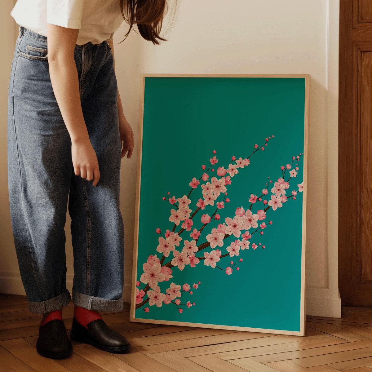 Cherry Blossoms with Teal Aquamarine Background (available handframed ready to hang or unframed)