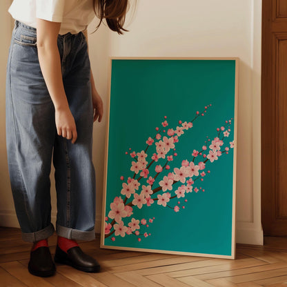 Cherry Blossoms with Teal Aquamarine Background (available handframed ready to hang or unframed)