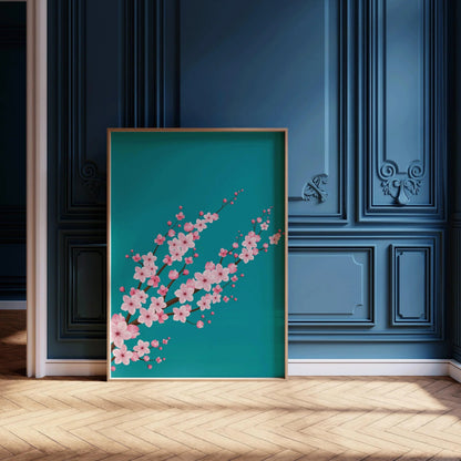 Cherry Blossoms with Teal Aquamarine Background (available handframed ready to hang or unframed)