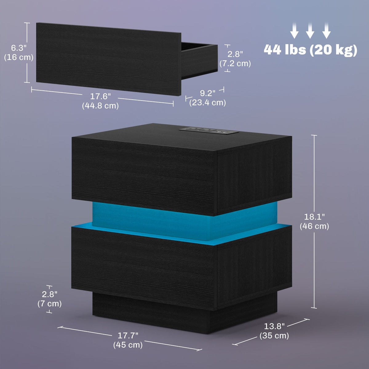 Table de chevet Emma avec station de recharge, ports USB et lumière LED - Noir