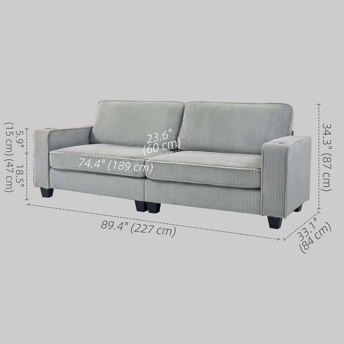 Laura Upholstered Sofa with Cup Holders-Light Grey