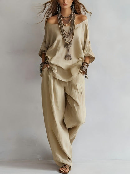 Off-shouder Suits Fashion Three-quarter Sleeves Top And Loose Pockets Wide-Leg Pants Set Women's Clothing