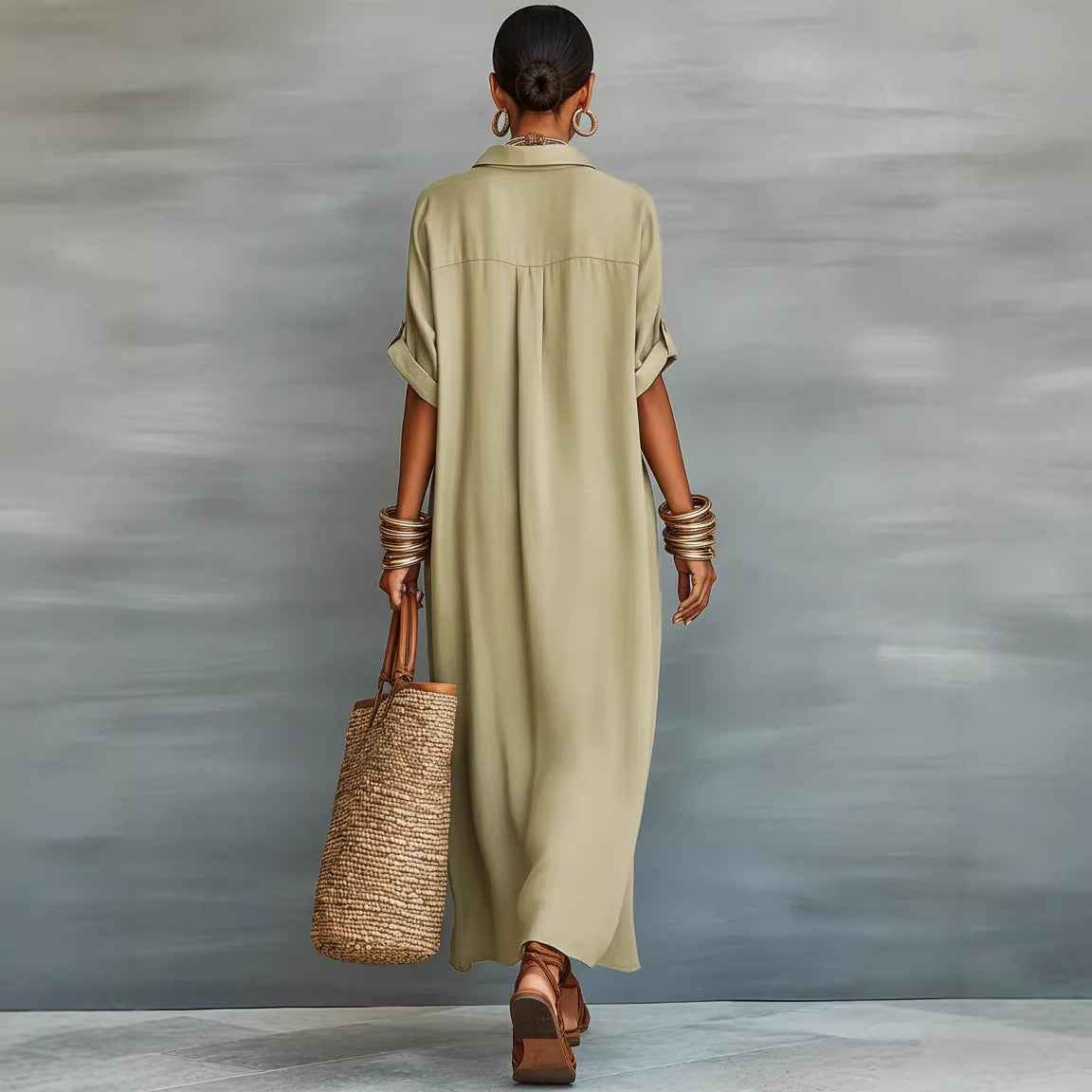 Women’s Summer Short-Sleeve Shirt Dress – Lapel Collar Button-Front Maxi Dress