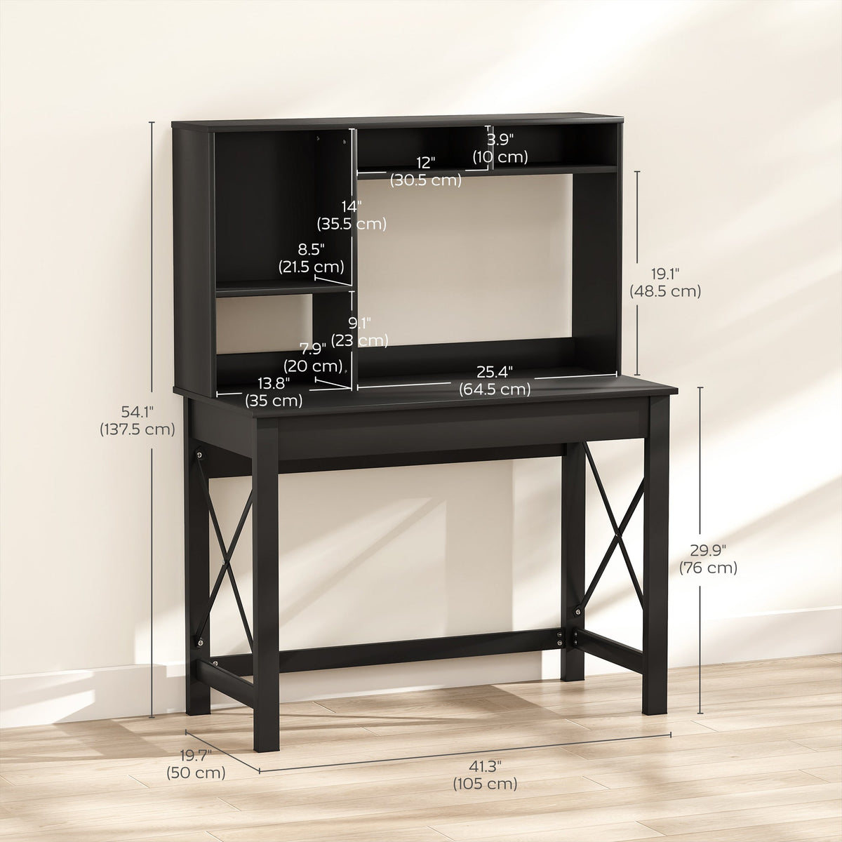 Bureau informatique Sloan avec surmeuble et étagères de rangement - Noir