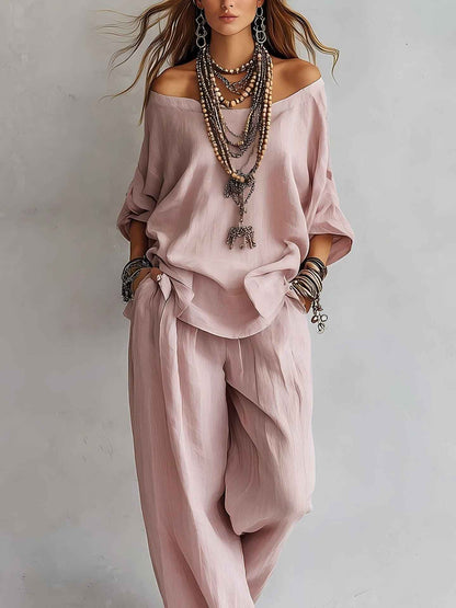 Off-shouder Suits Fashion Three-quarter Sleeves Top And Loose Pockets Wide-Leg Pants Set Women's Clothing