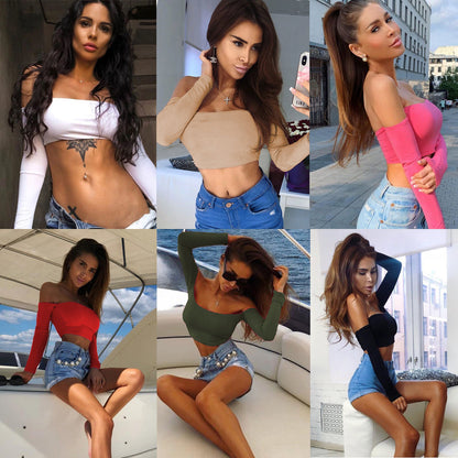 Women’s Off-Shoulder Long-Sleeve Crop Top – Sexy Navel-Baring Fitted Blouse