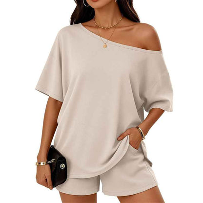 Womens 2-piece Fashionable Casual Set Slant-Neck Top And Shorts  For Loungewear Daily Wear Work Gym Outfit