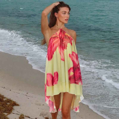 Women's Spring Summer Floral Asymmetrical Backless Resort Dress