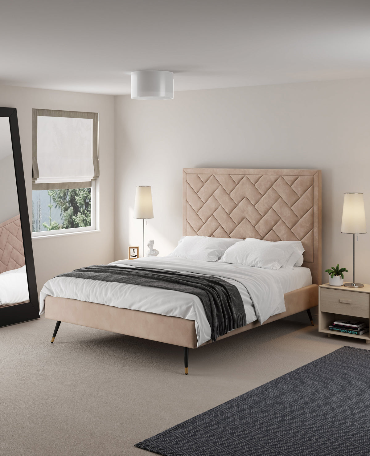 Lit plateforme Queen en velours rembourré Gallagher - Beige nude