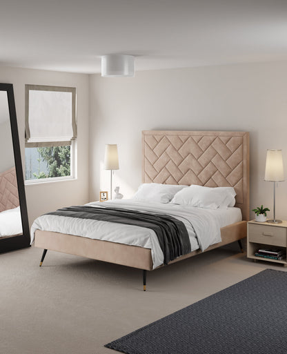 Lit plateforme Queen en velours rembourré Gallagher - Beige nude