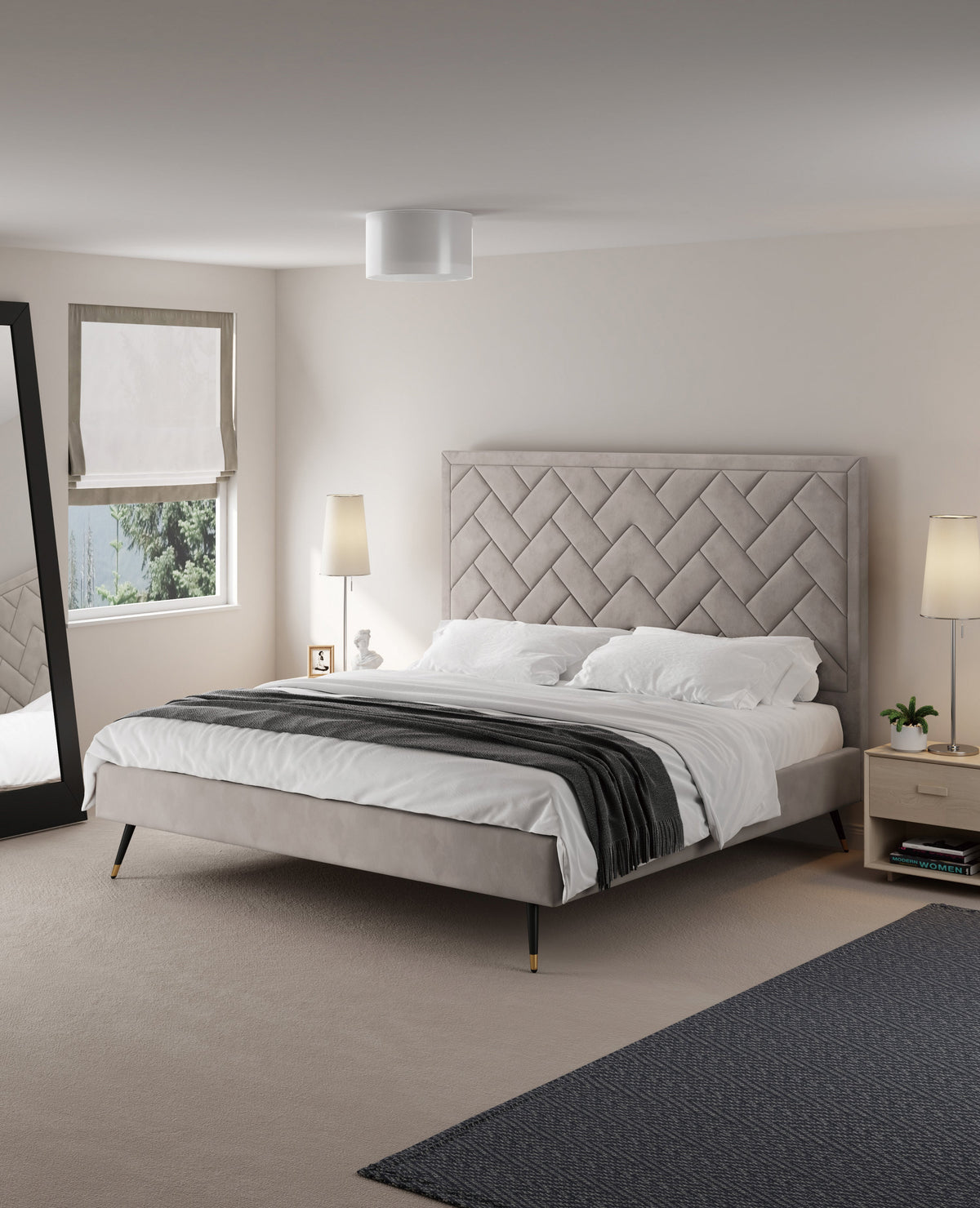 Gallagher Upholstered Velvet Platform Bed - Greige
