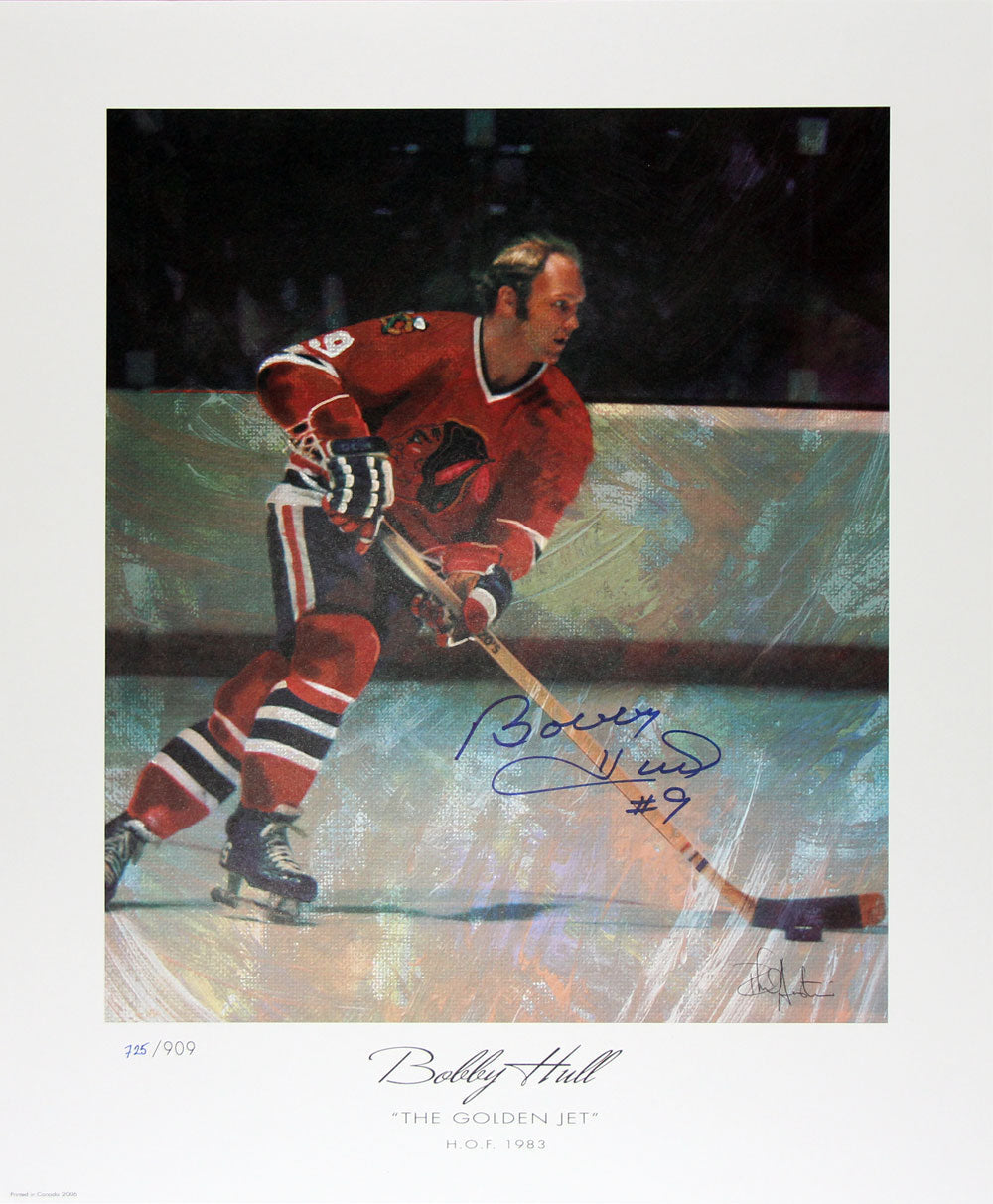 LA LITHOGRAPHIE AUTOGRAPHIE THE GOLDEN JET ÉD. LIMITÉE BOBBY HULL - BLACKHAWKS DE CHICAGO 22"X18"