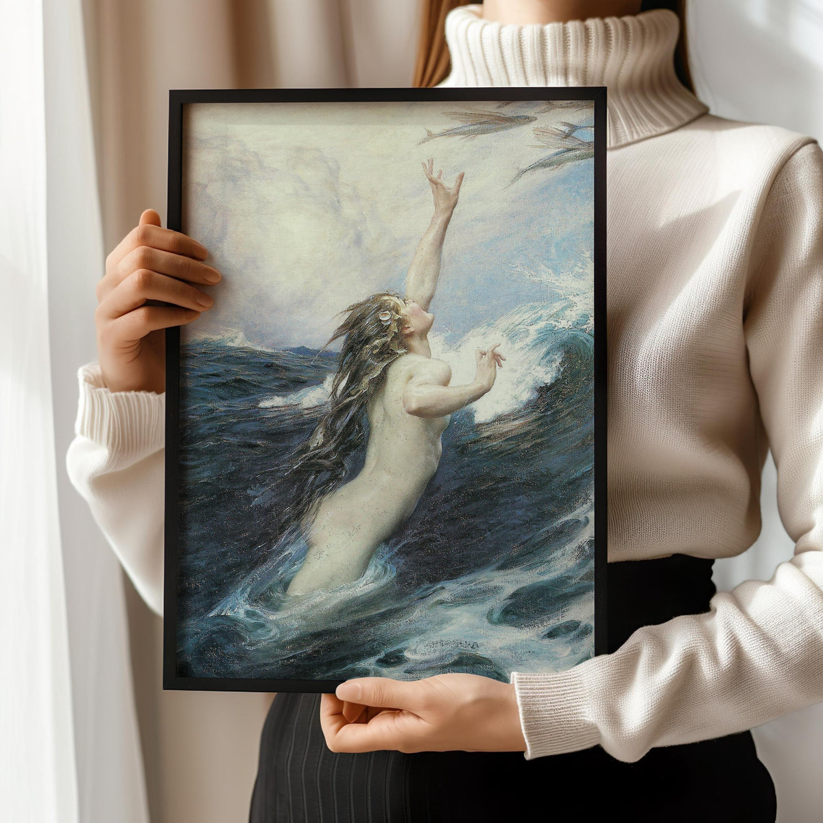 Flying Fish - Herbert James Draper | Romantic Ocean Fantasy | Mythological Nude Vintage Sea Goddess Print (available handframed or unframed)