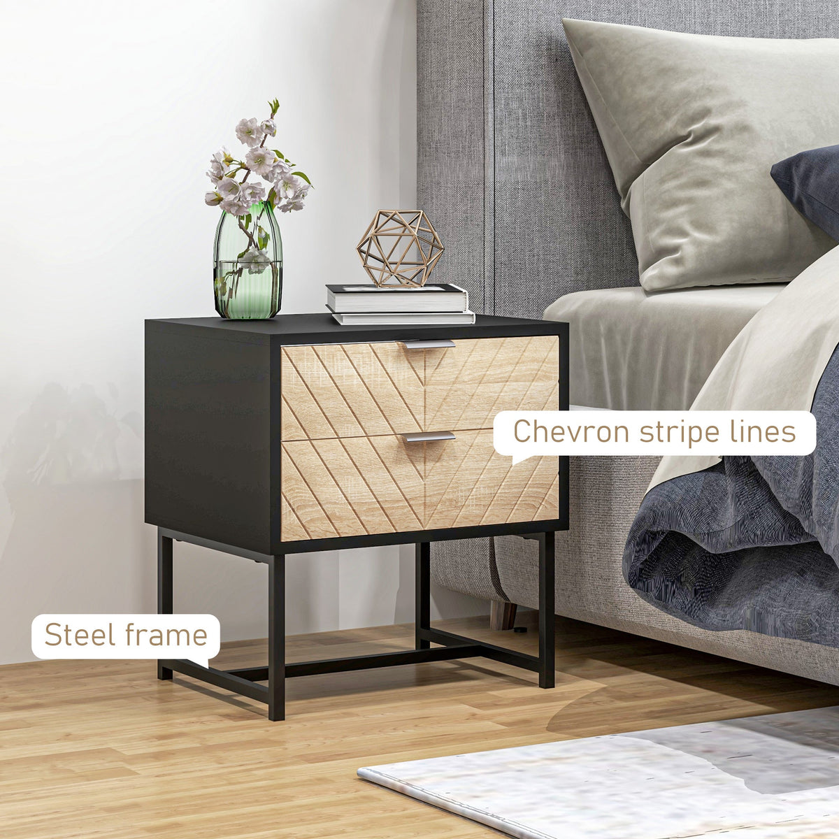 Emery Modern Bedside Table with 2 Drawers and Steel Legs-Black/Oak