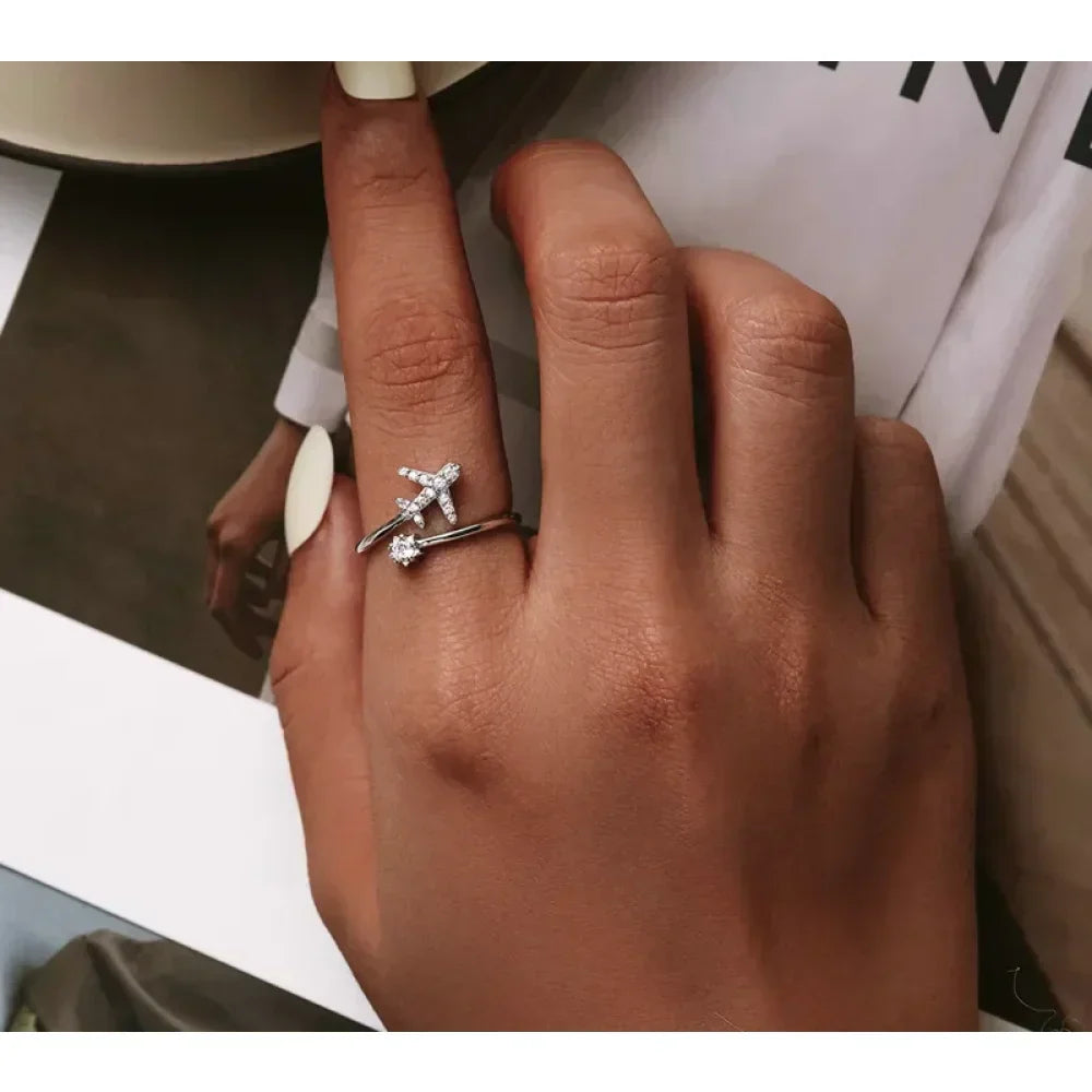 Bague ouverte en argent sterling 925 avec avion volant en zircone cubique