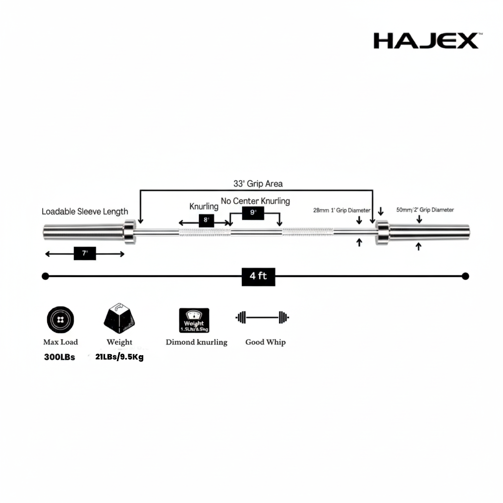 HAJEX Olympic and Standard Barbell Bars 4Ft, 5Ft, 6Ft and 7Ft
