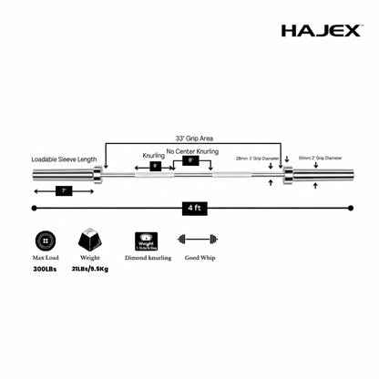 HAJEX Olympic and Standard Barbell Bars 4Ft, 5Ft, 6Ft and 7Ft