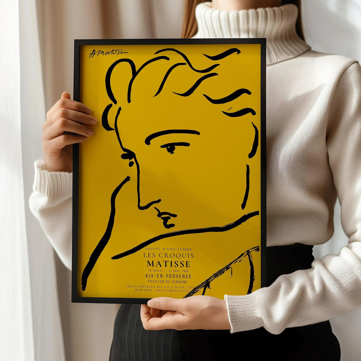 Henri Matisse, profil de femme, impression d'art : esquisse jaune et noire, giclée sur papier Hahnemühle