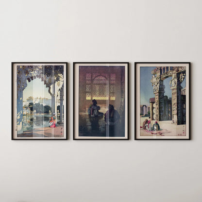 Trio d'estampes japonaises d'Hiroshi Yoshida : Udaipur, Fatehpur Sikri, Sanchi