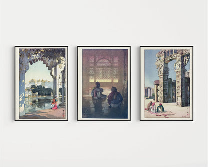 Trio d'estampes japonaises d'Hiroshi Yoshida : Udaipur, Fatehpur Sikri, Sanchi