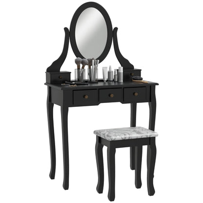 Coiffeuse Emma avec tabouret rembourré et miroir ovale rotatif à 360°-Noir