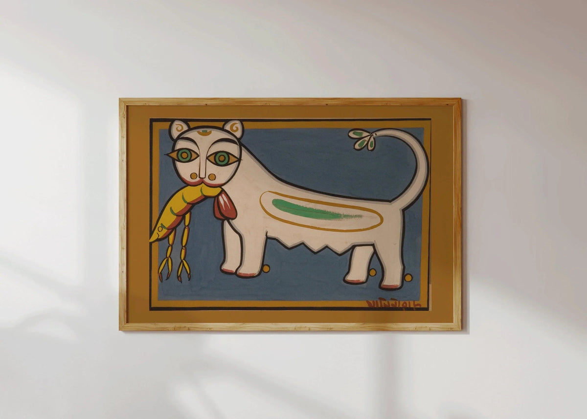 Jamini Roy - Cat and Shrimp | Bengali Art (available handframed or unframed)