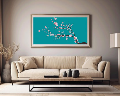 Cherry Blossom Panoramic Art Print: Aquamarine Teal Blue Sakura (2x1)