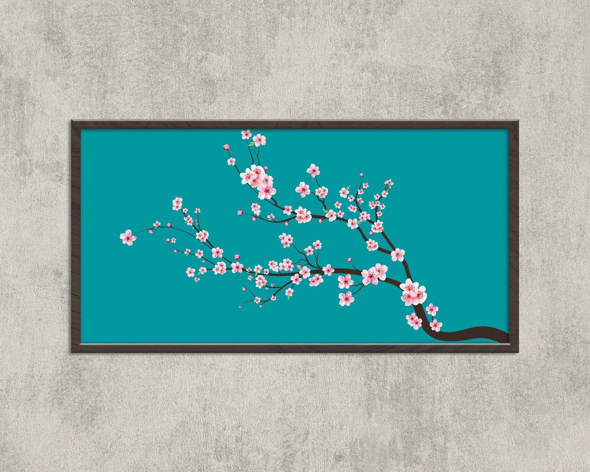 Cherry Blossom Panoramic Art Print: Aquamarine Teal Blue Sakura (2x1)
