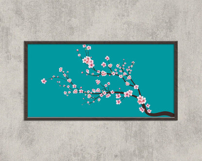 Cherry Blossom Panoramic Art Print: Aquamarine Teal Blue Sakura (2x1)