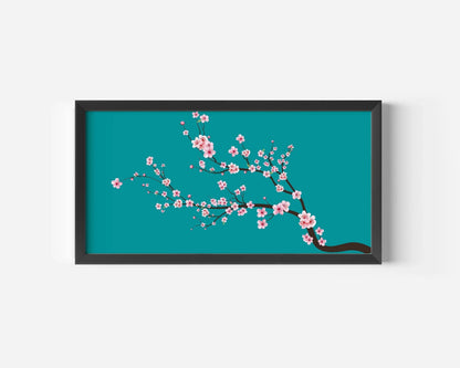 Cherry Blossom Panoramic Art Print: Aquamarine Teal Blue Sakura (2x1)