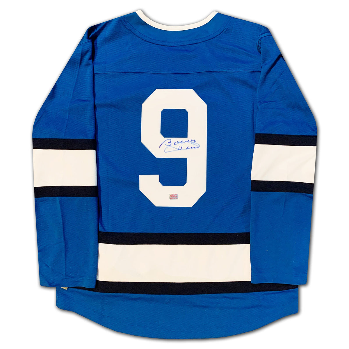 MAILLOT ALTERNATIF BLEU DES JETS DE WINNIPEG AUTOGRAPHIÉ PAR BOBBY HULL