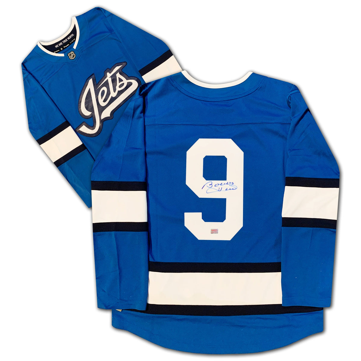 MAILLOT ALTERNATIF BLEU DES JETS DE WINNIPEG AUTOGRAPHIÉ PAR BOBBY HULL