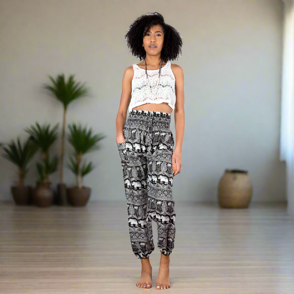 Black & White Elephant Bali Pants