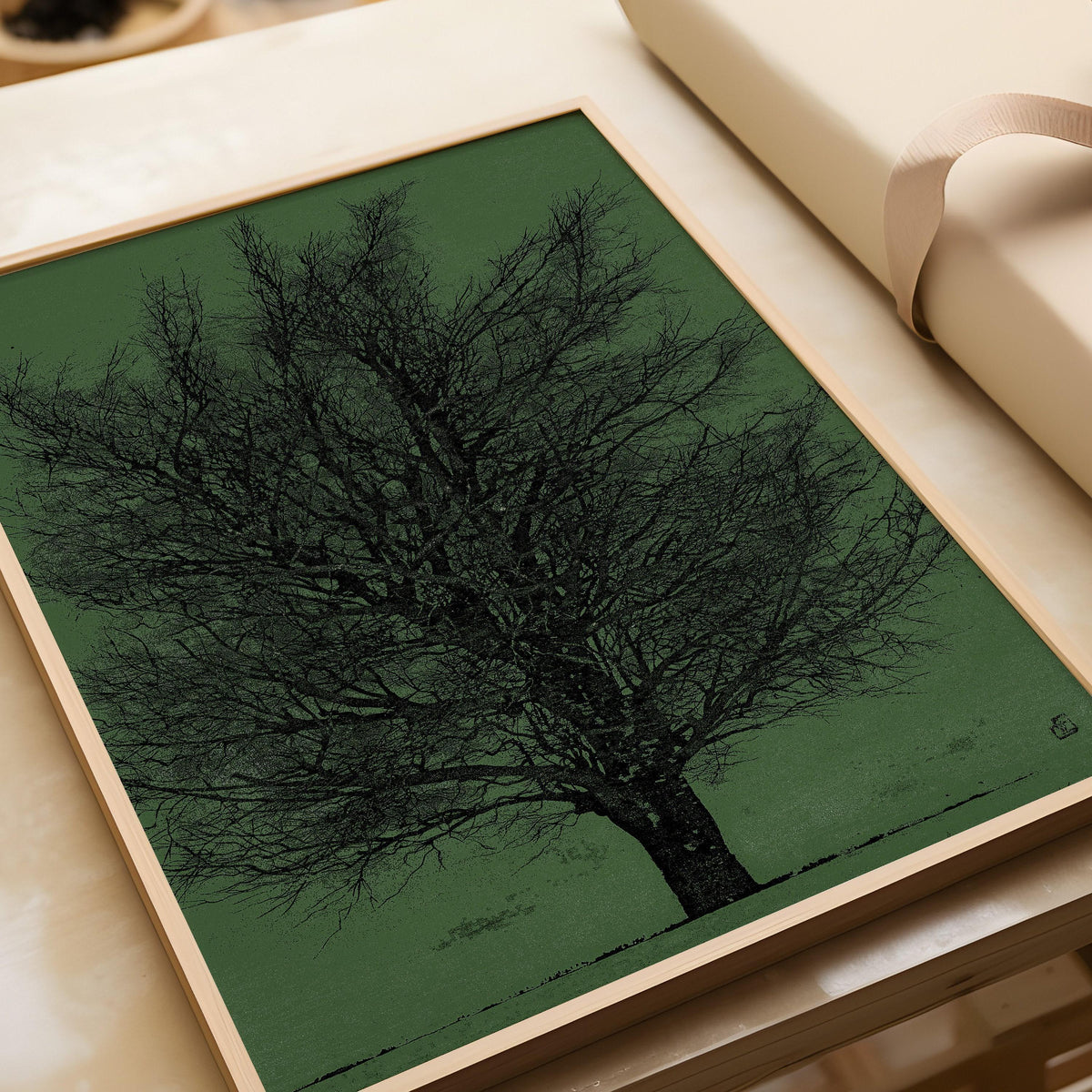 Joichi Hoshi Tree Art Print: Vintage Japanese Woodblock, Green & Black
