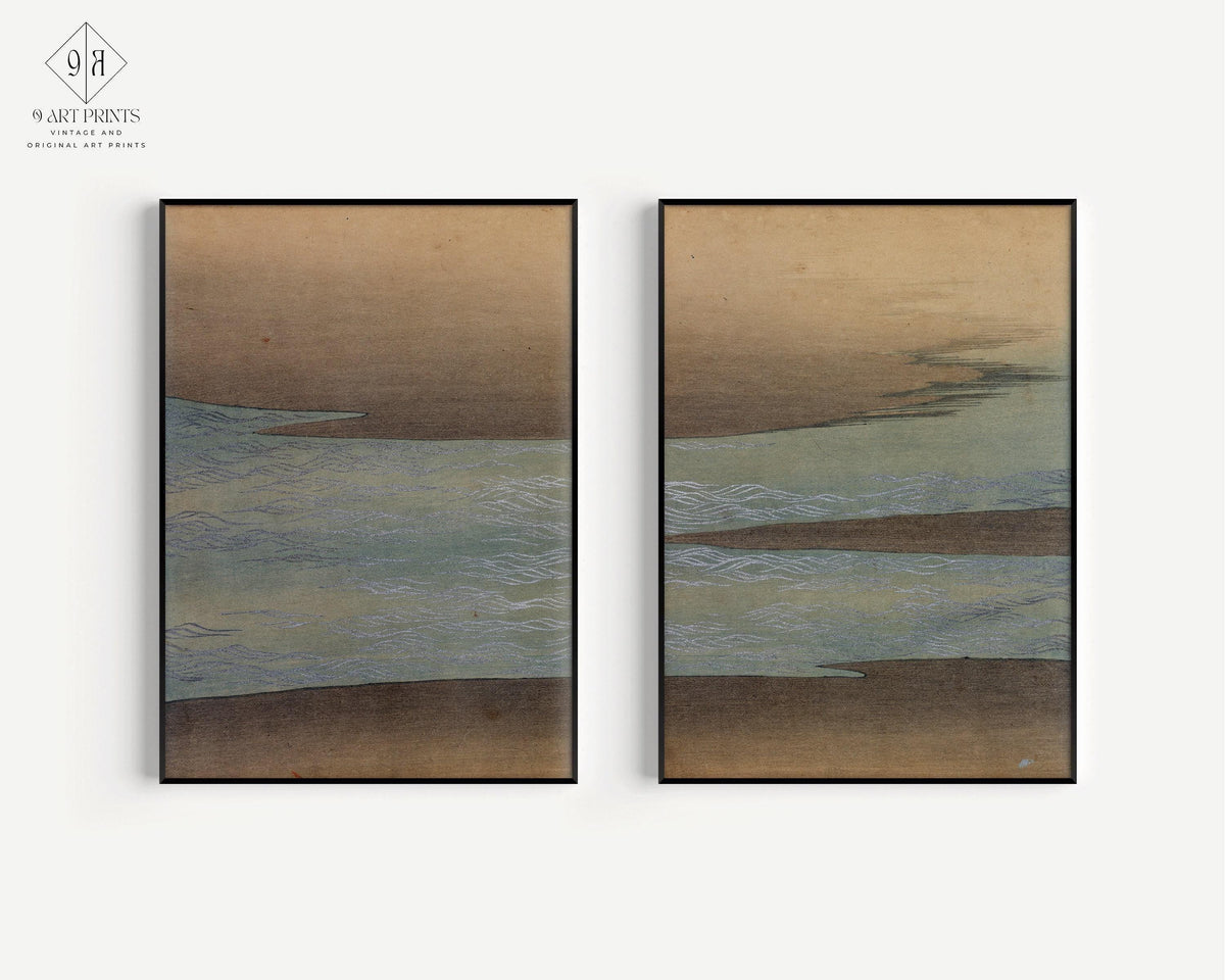 Estampe "Petites Vagues" de Kamisaka Sekka : Duo d'Art Japonais Vintage sur Bois