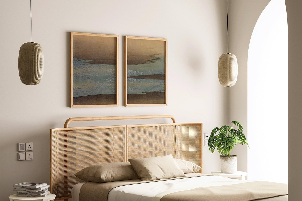 Estampe "Petites Vagues" de Kamisaka Sekka : Duo d'Art Japonais Vintage sur Bois