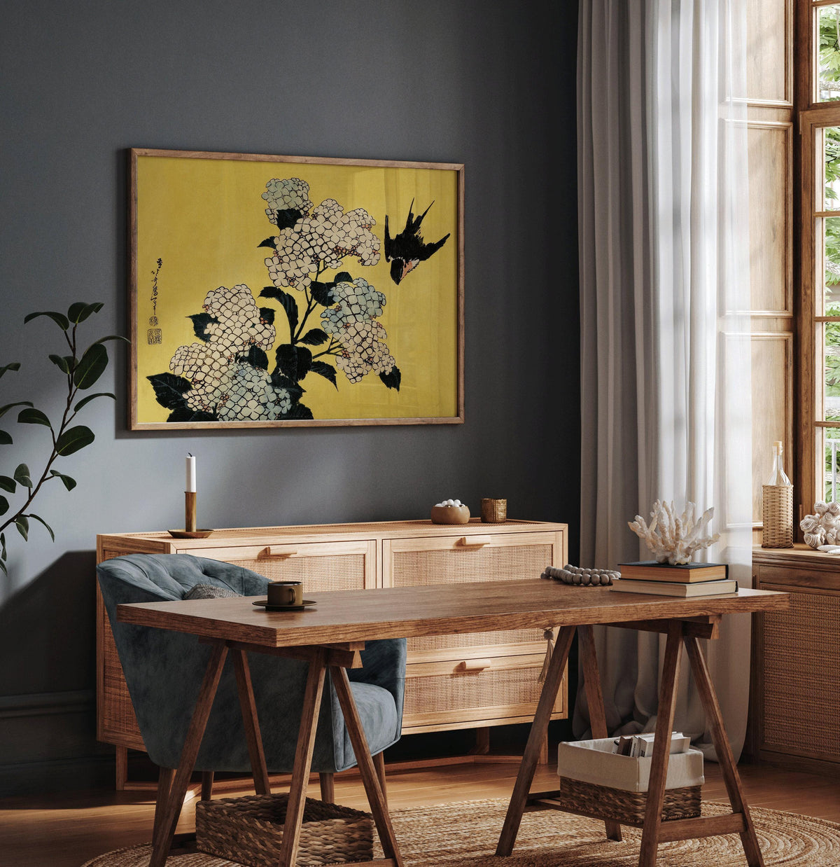Hokusai Hydrangeas and Swallow Print: Japanese Vintage Art