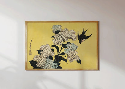 Hokusai Hydrangeas and Swallow Print: Japanese Vintage Art