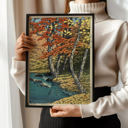 Kawase Hasui Autumn Forest Print: Japanese Woodcut Art, Tranquil Stream