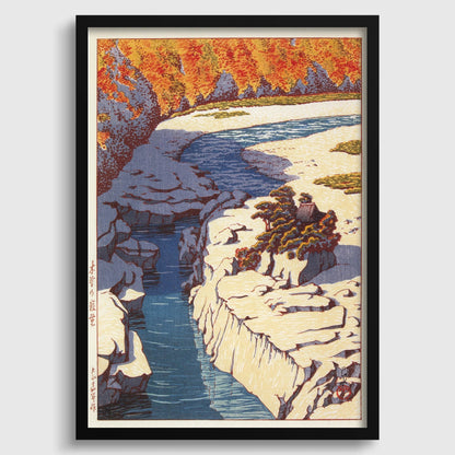 Kawase Hasui Japanese Woodcut Print: Kizo no Nezame Autumn River Landscape (Available Framed)