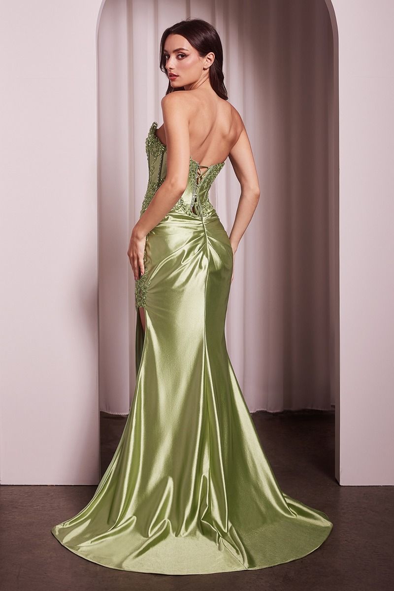 Satin stretch skirt with lace-appliqued corset bodice